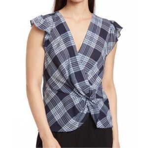 Laundry by Shelli Segal,Wrap Blouse,Sleeveless, Plaid Ruffled Deep V-Neck,Size M